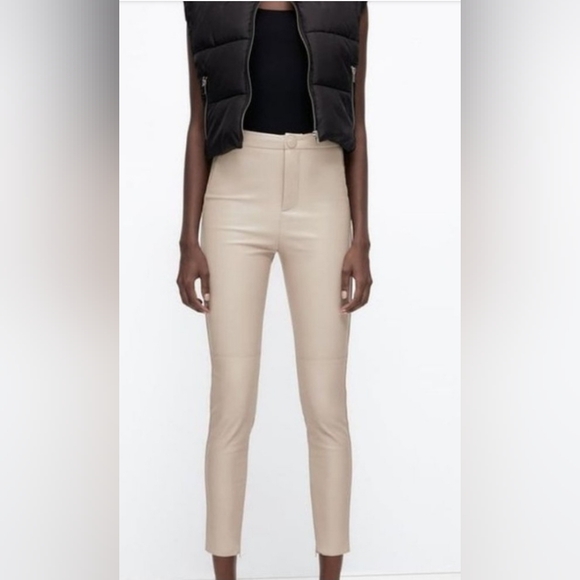 Zara faux leather leggings high rise cuff zipper cream size XXL - Picture 2 of 8